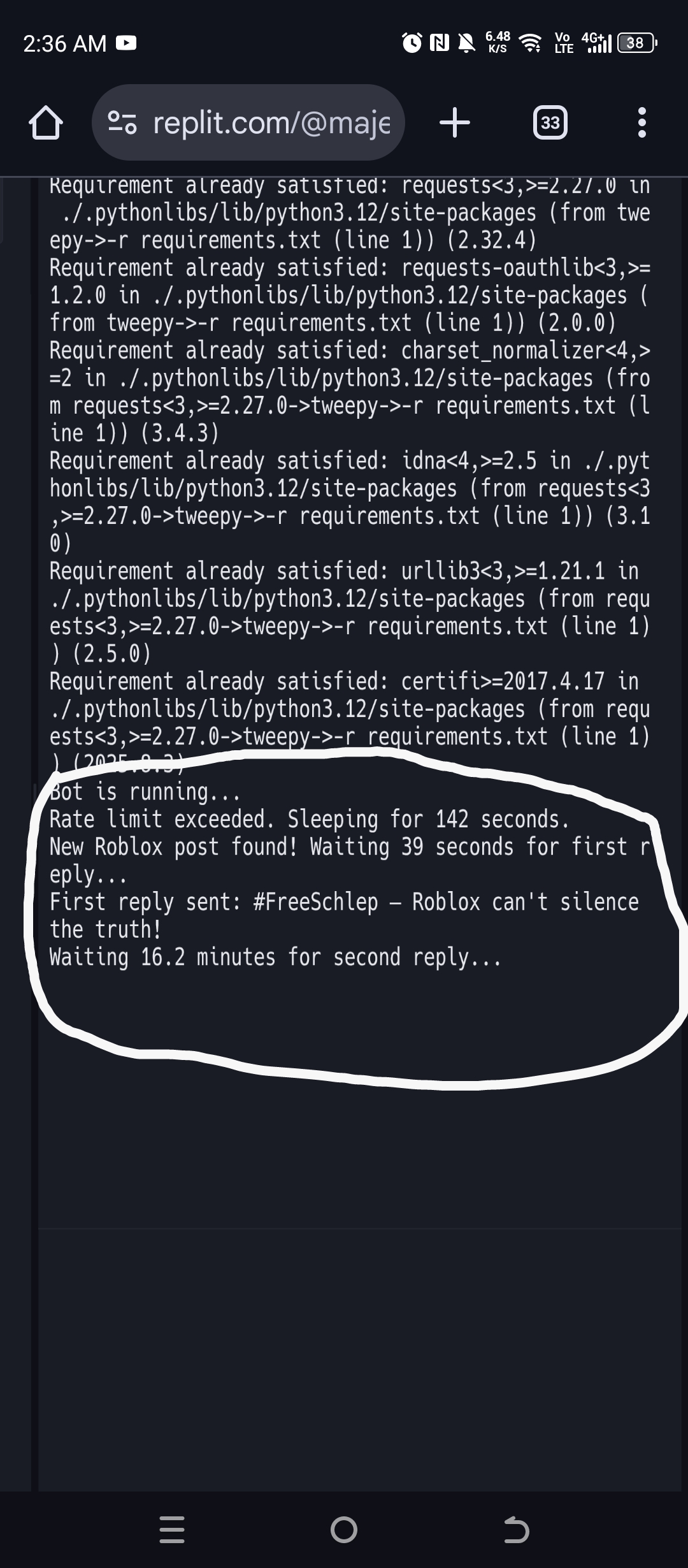 SchlepBot in action on Replit